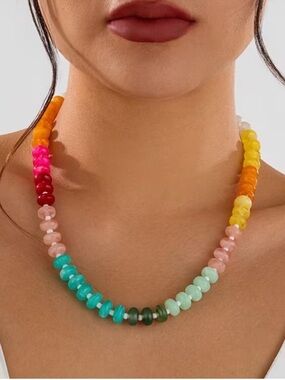 Colorful Multicolor Beaded Necklace - turquoise, green, pink, yellow, orange